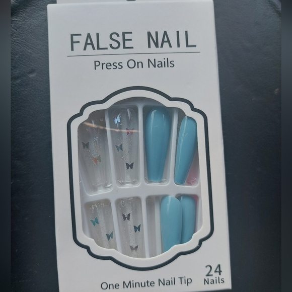 Beautiful Nails- Long Coffin Blue  Butterfly Glitter Press On - Picture 4 of 5